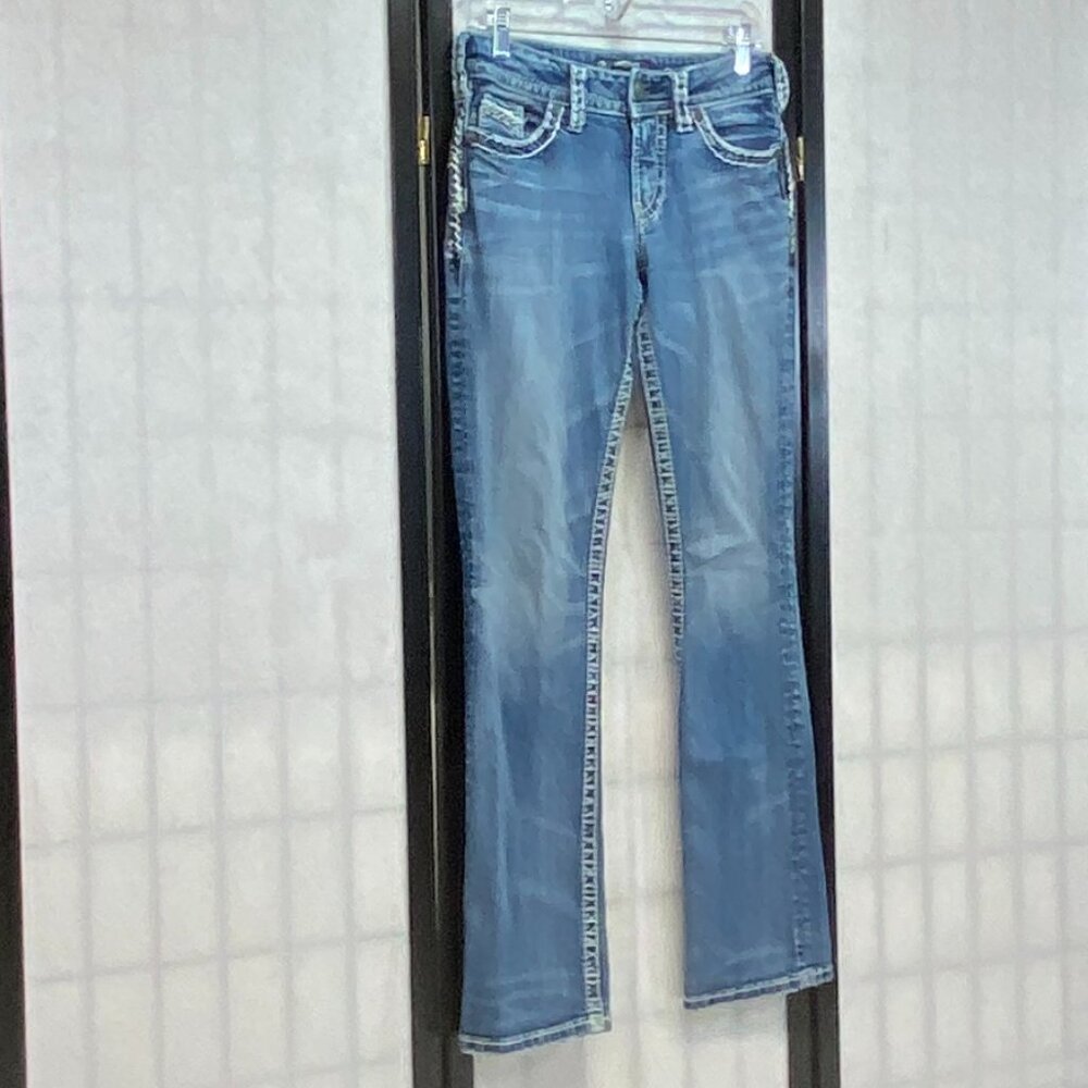 Silver Suki Faded Distressed Boot Cut Denim Jeans 27 Embroidered Jeweled - Picture 3 of 15